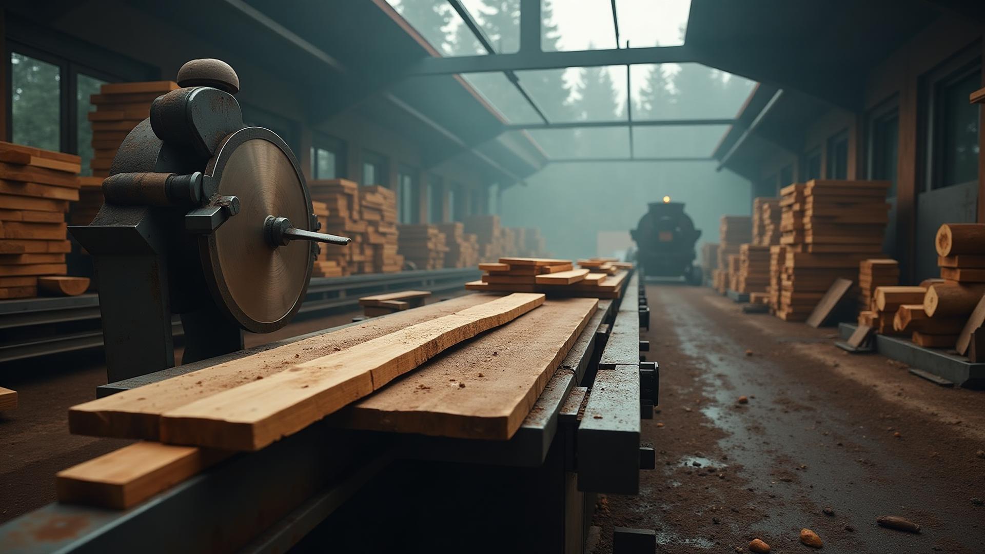 Sawmill processing raw logs into finished timber at AB Sawmill Gujarat